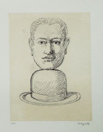Etching And Aquatint Magritte - Le lien de paille (Man with a Bowler Hat)