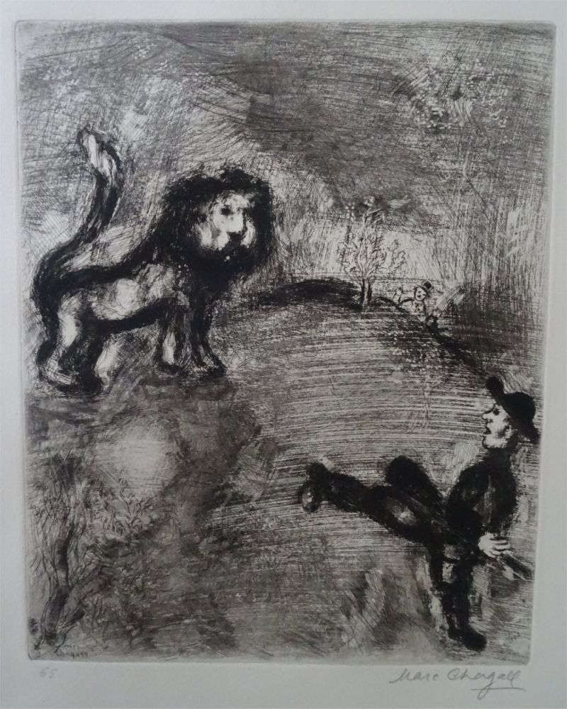 Engraving Chagall - Le Lion et les Chasseurs