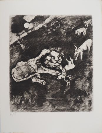 Etching Chagall - Le lion fourbe (La Génisse, la Chèvre, et la Brebis, en société avec le Lion)