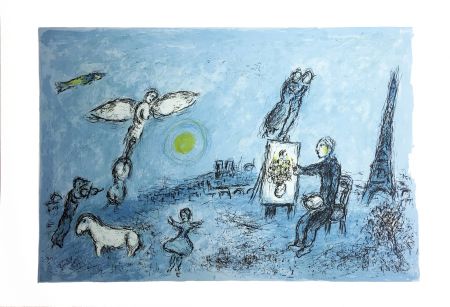 Lithograph Chagall - LE PEINTRE ET SON DOUBLE (Épreuve à plat sur Arches). 1981.