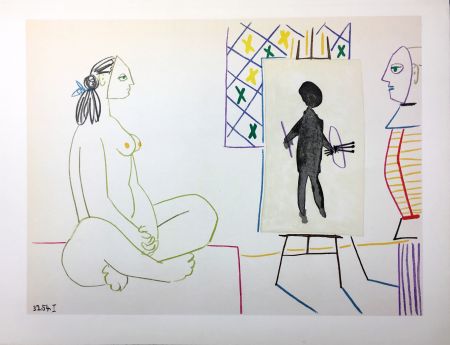 Lithograph Picasso - Le peintre masqué et son modèle (La Comédie Humaine - Verve 29-30. Vallauris1954).