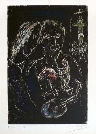 Lithograph Chagall - Le peintre sur fond noir