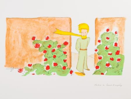 Lithograph Saint-Exupéry - Le Petit Prince dans le jardin des roses