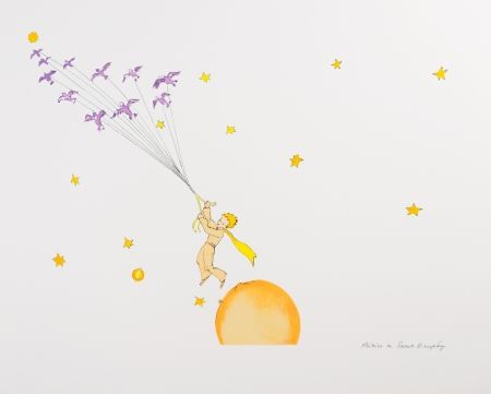 Lithograph Saint-Exupéry - Le Petit Prince en route vers une autre planète
