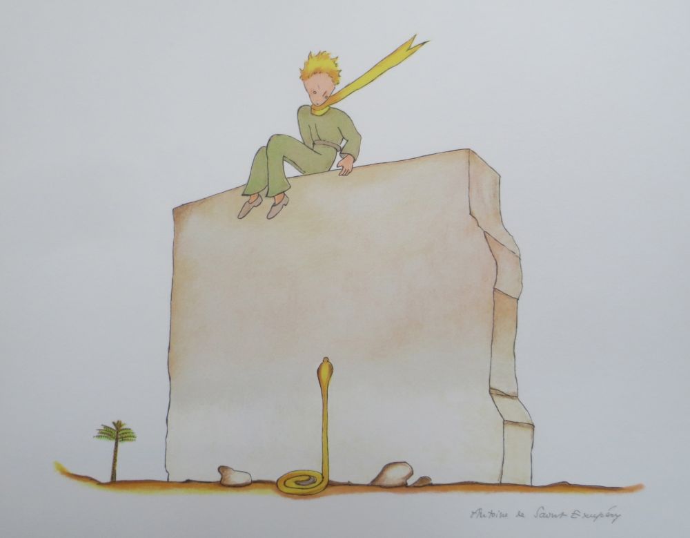 Lithograph Saint-Exupéry - Le petit prince et le serpent au pied du mur