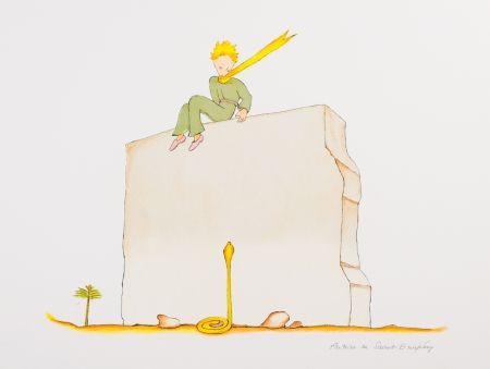 Lithograph Saint-Exupéry - Le Petit Prince et le serpent au pied du mur