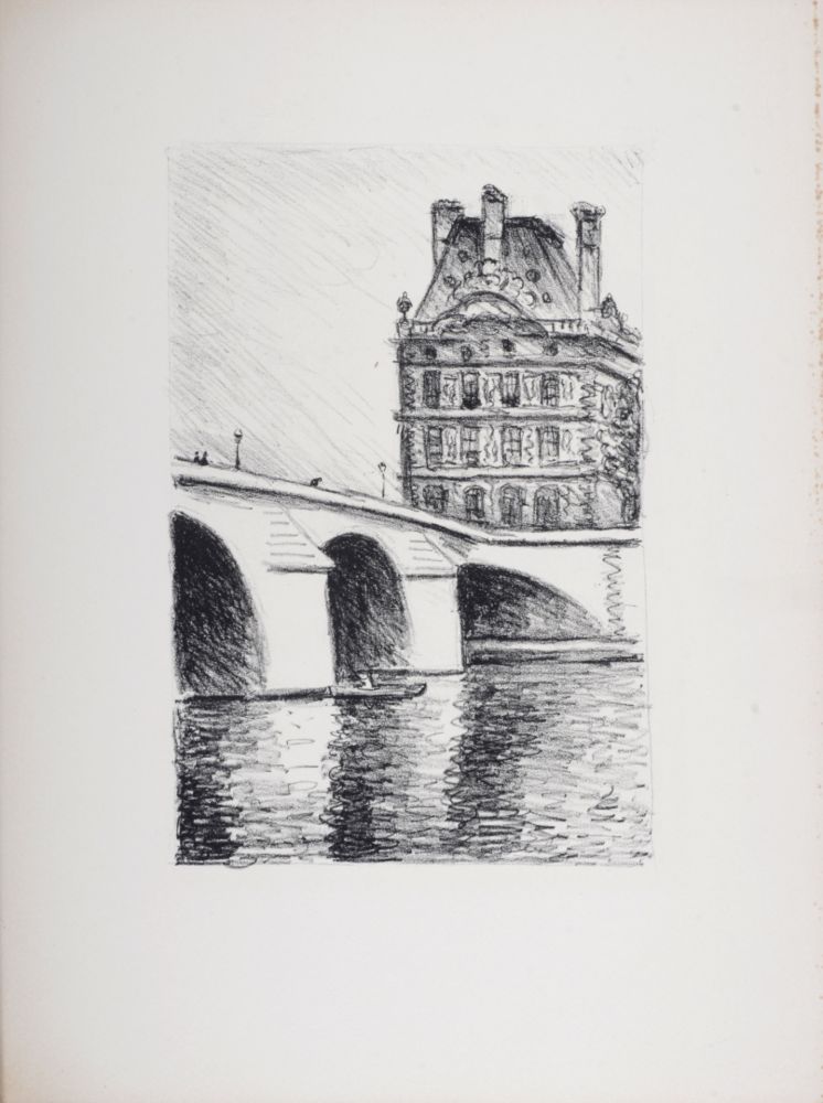 Lithograph Marquet - Le Pont Royal et le Louvre, 1950