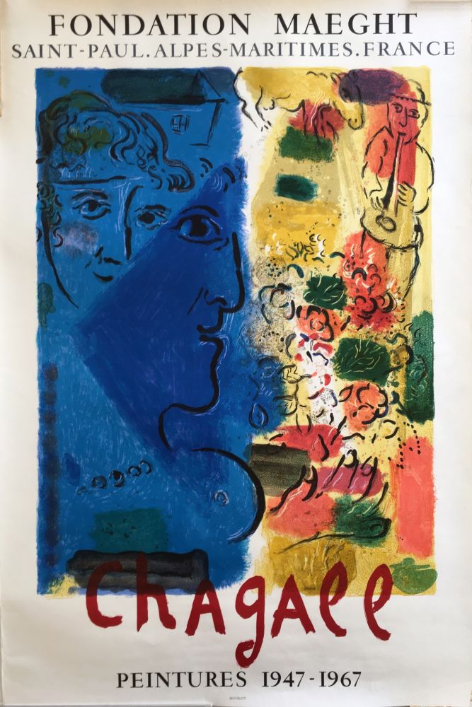 Lithograph Chagall - LE PROFIL BLEU (1967) Affiche d'exposition. Lithographie originale.
