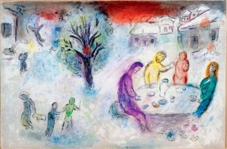 Lithograph Chagall - LE REPAS CHEZ DRYAS (de la suite Daphnis & Chloé - 1961)