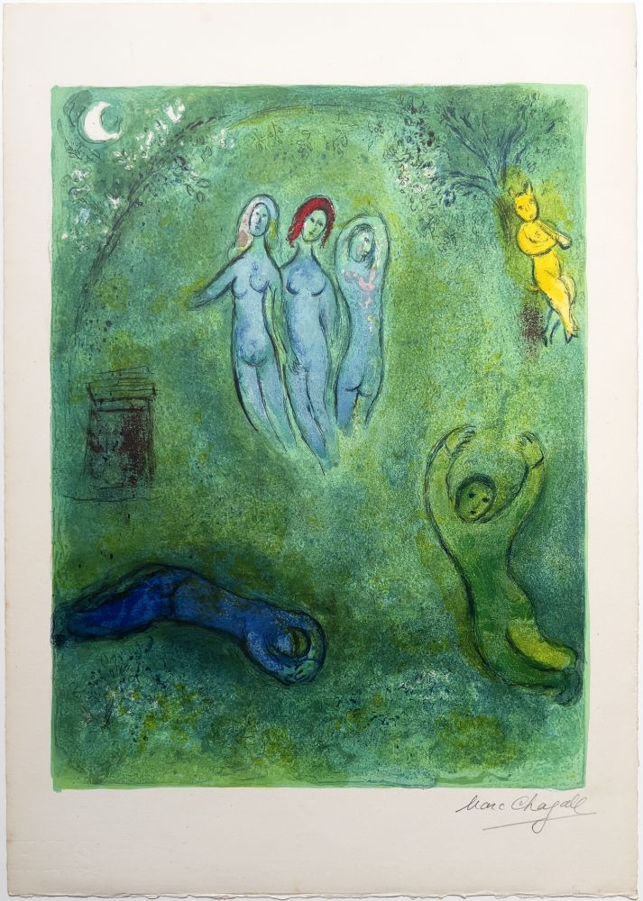 Lithograph Chagall - Le songe de Daphnis et les Nymphes (Daphnis' dream and the nymphs)  de la suite Daphnis et Chloé. 1961.