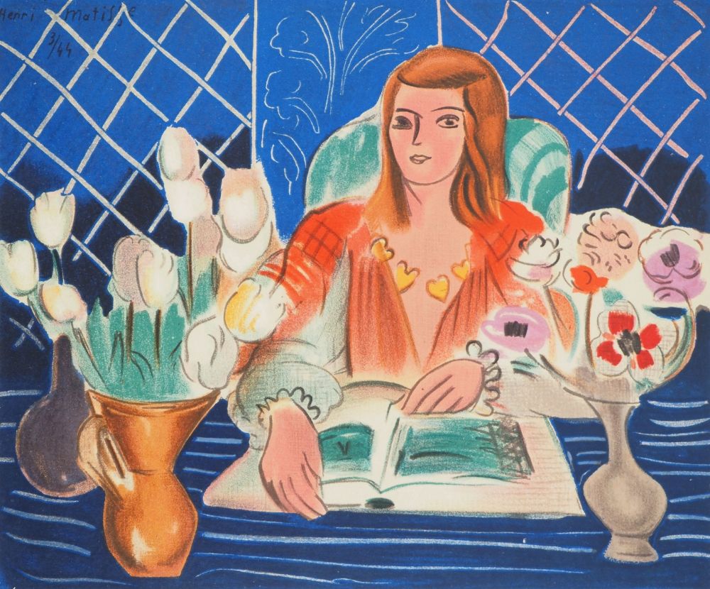 Lithograph Matisse - Lecture sur un bureau fleuri (Tulipes et anémones)