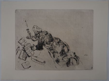 Etching Chagall - Lecture à la chandelle (Pliouchkine à la recherche de ses papiers)