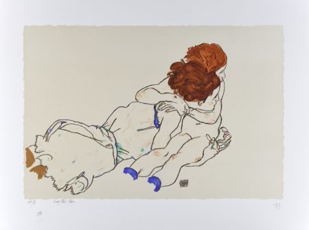 Lithograph Schiele - L'ENVOL / THE FLIGHT, 1917 (Mutter mit kind / Mother and child)