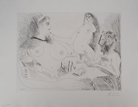 Etching Picasso - Les 156, planche 144 : Belle jeune femme à sa toilette rêvant qu'elle possède un petit homme des bois émacié portant un oiseau