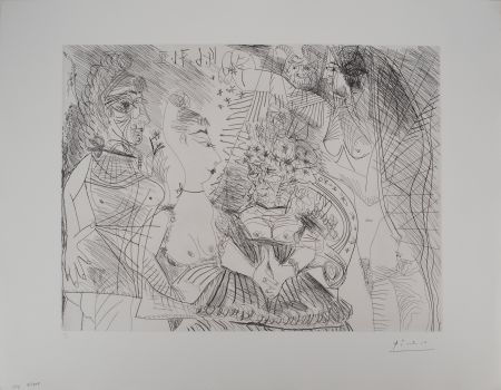 Etching Picasso - Les 156, planche 154 : La Fête de la patronne, confetti et diablotin. Fine tranche de Degas