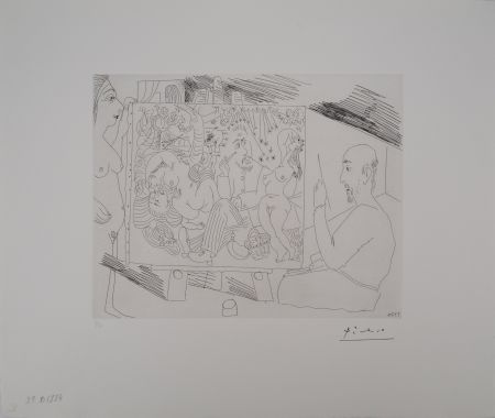 Etching Picasso - Les 156, planche 29 : Peintre dans son atelier peignant « Le Déjeuner sur l’herbe », avec un modèle