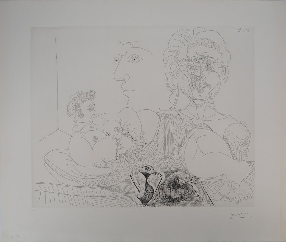 Etching Picasso - Les 156, planche 4 : Vieux modèle pour jeune odalisque, le double regard du peintr