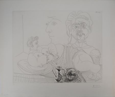 Etching Picasso - Les 156, planche 4 : Vieux modèle pour jeune odalisque, le double regard du peintr