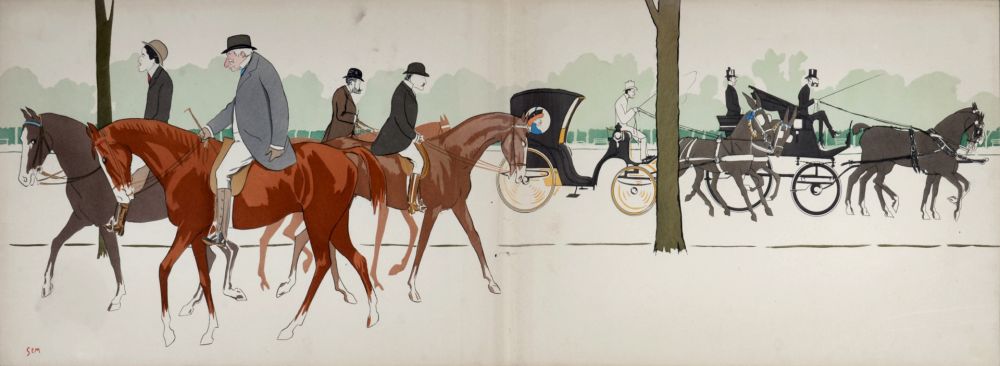 Lithograph Goursat - Les Acacias : M. Castillo, Marquis du Lau, Antoine de Gontaut-Biron, Duc de Brissac, Réjane, Prince Troubetskoi, c. 1900-1925