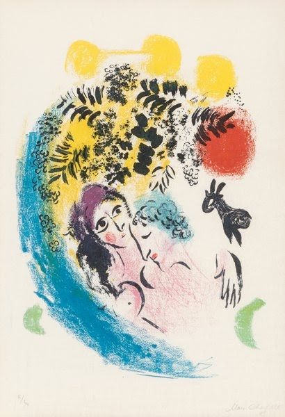 Lithograph Chagall - Les amoureux au soleil rouge