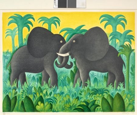 Lithograph Scherfig - Les deux éléphants