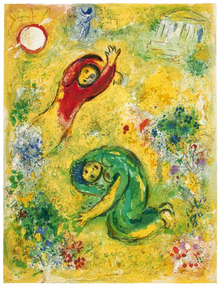 Lithograph Chagall - LES FLEURS SACCAGÉES (de la Suite Daphnis & Chloé - 1961) 