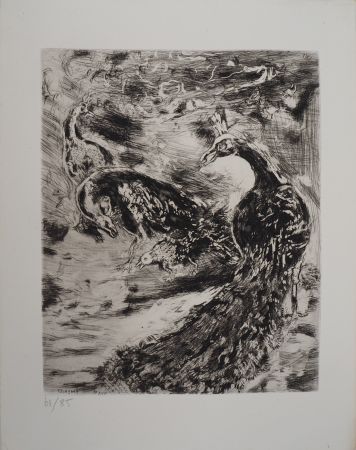 Etching Chagall - Les paons (Le geai paré des plumes du paon)