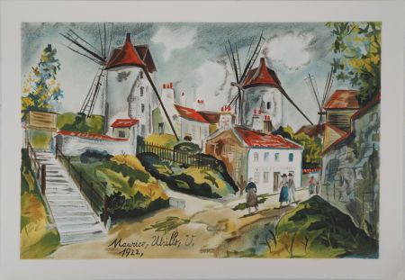 Lithograph Utrillo - Les trois moulins à Montmartre
