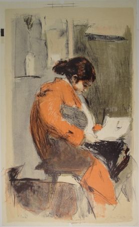 Lithograph Falk - Lesende in rotem Kimono