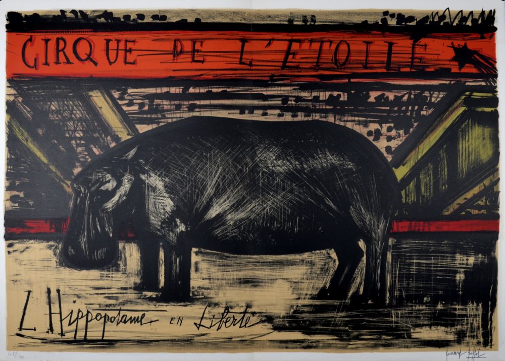 Lithograph Buffet - L'hippopotame en liberté, 1968.