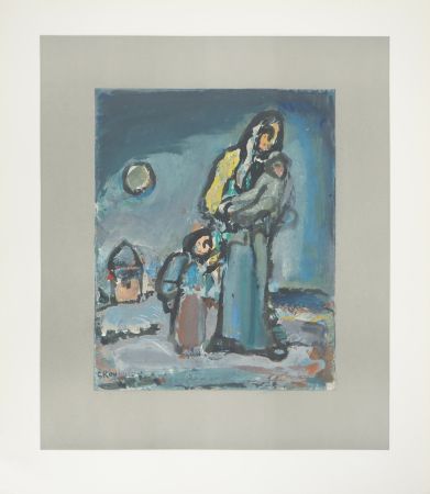 Lithograph Rouault - L'Hiver, Famille marchant dans la neige, c