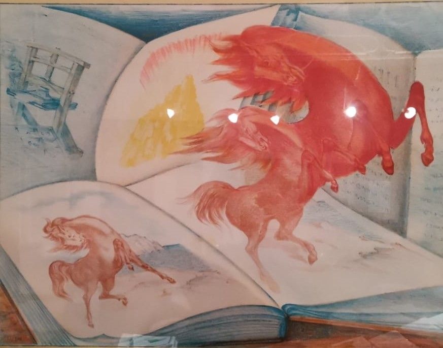 Lithograph Sassu - Libri e cavalli 