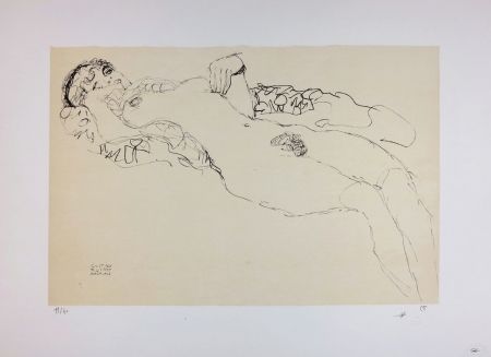 Lithograph Klimt - Liegender Mädchenakt nach links / Reclining female nude facing left - 1914