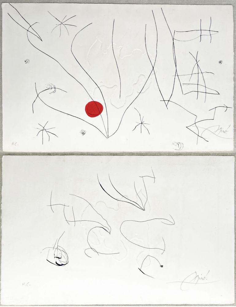 Etching And Aquatint Miró - L'ISSUE DÉROBÉE. Pointe sèche, aquatinte et gaufrage, signée à double face (1974)