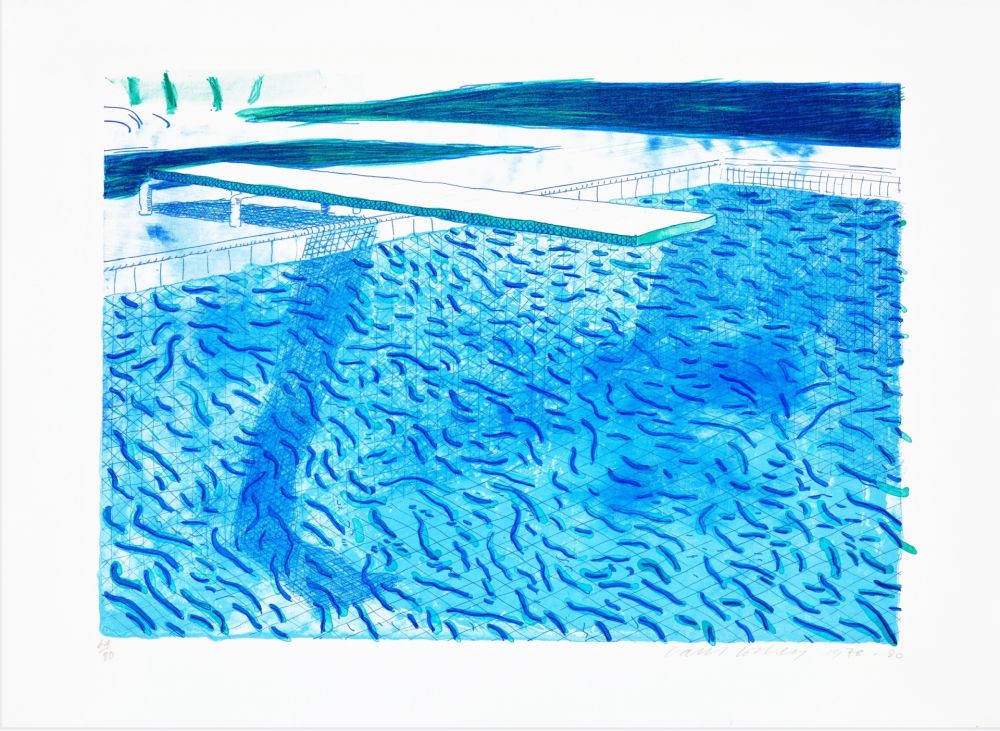 Lithograph Hockney - Lithograph of Water made of thick and thin lines, a green wash, a light blue wash, and a dark blue wash