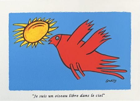 Lithograph Corneille - Lithographie Je suis un oiseau libre dans le ciel 