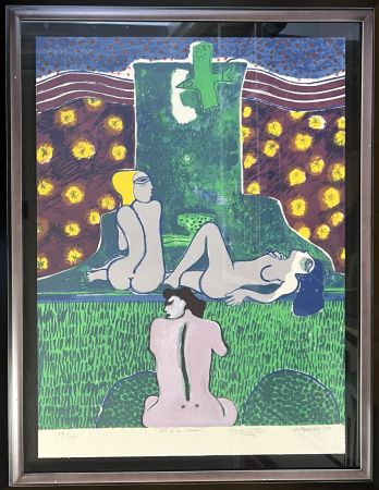 No Technical Corneille - Lithographie reprise à la gouache, Pièce Unique Un été à la Tour, 1979