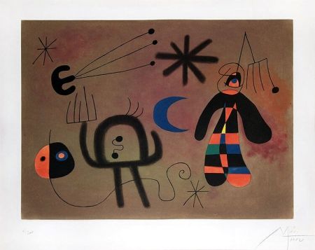 Aquatint Miró - L'Oiseau-fusée vise la fourche glissant en cascade vers le point noir (The Rocket-Bird Aims for the Fork Cascading Down Toward the Black Point), 1952