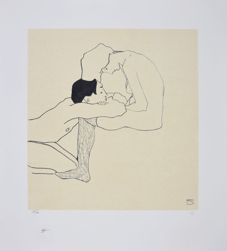 Lithograph Schiele - LOVERS 1909