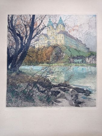 Etching And Aquatint Kasimir - Luigi Kasimir, View from Vienna - Melk Abbey - Handcoloured Etching, 1920s