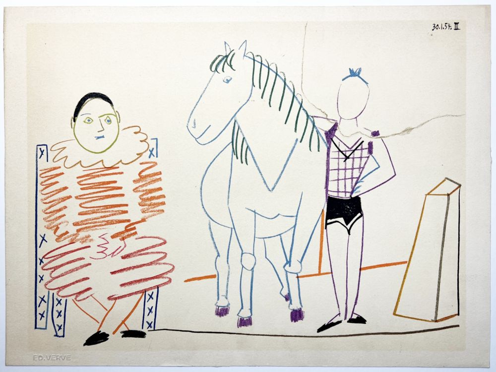 Lithograph Picasso - L'écuyère, le cheval et le clown (La Comédie Humaine - Verve 29-30. 1954).