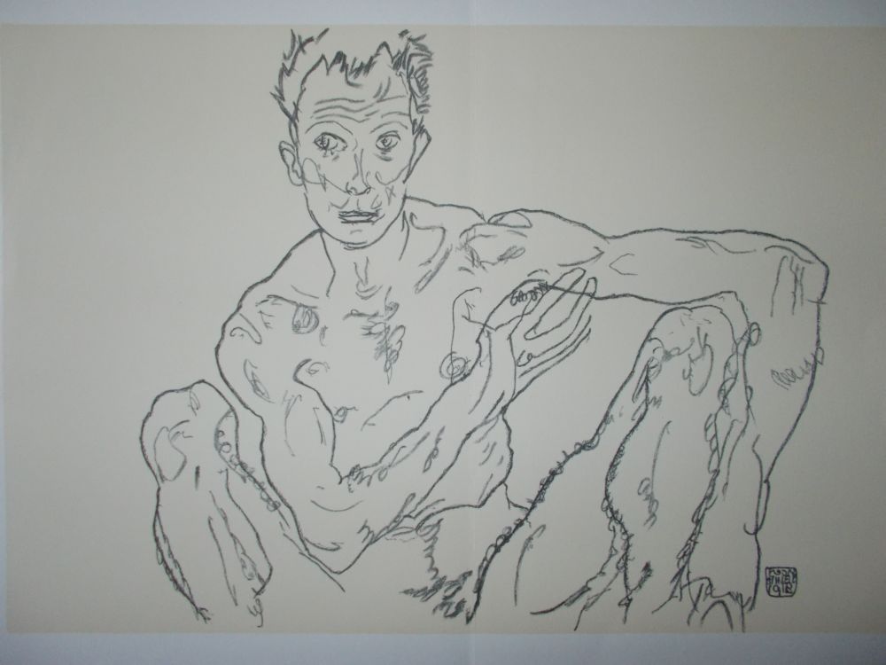 Lithograph Schiele - Male nude