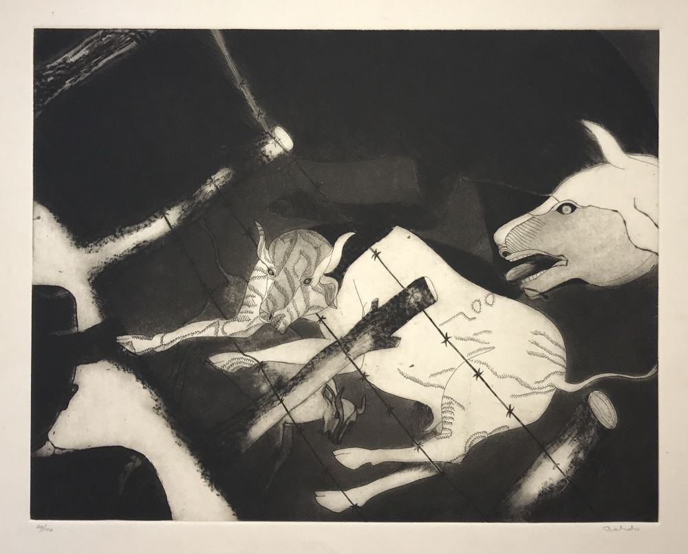 Etching Toledo - Man and Cows with Barbed Wire Fence