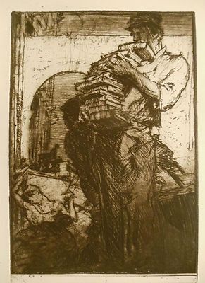 Etching Brangwyn - Man Carrying a Pile of Books