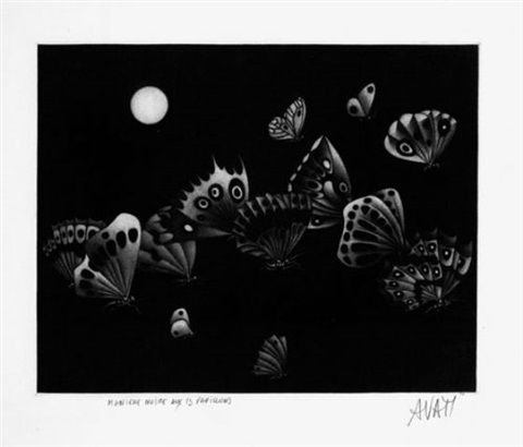Mezzotint Avati - Manière noire au 13 papillons (1964)