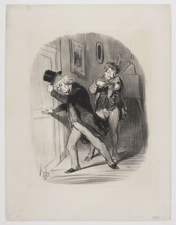 Lithograph Daumier - Manière polie de mettre un bourgeois à la porte d'un atelier, lui jouer quarante sept fois de suite l'air de la Monaco. 
