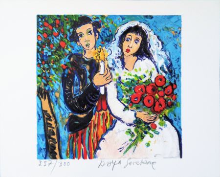 Lithograph Sorkine - Mariage au bouquet de roses