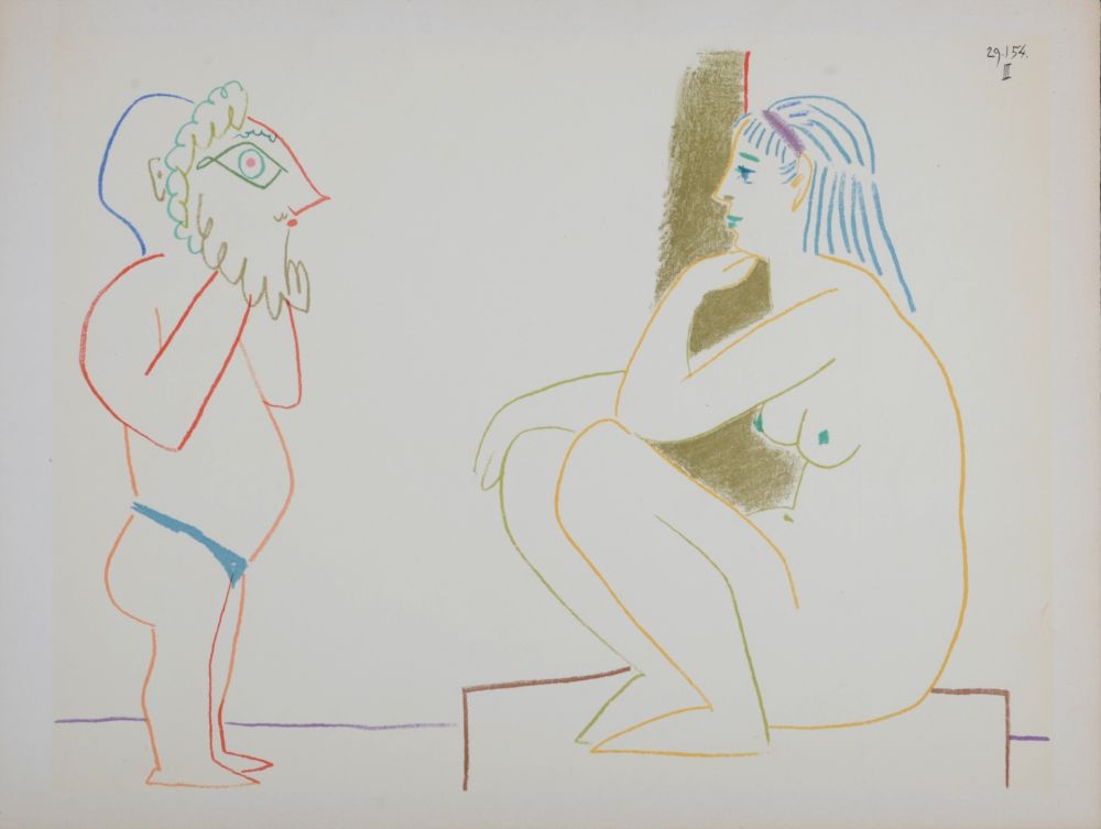 Lithograph Picasso - Masked and model, 1954