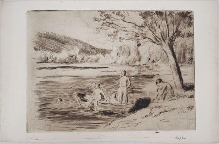 Drypoint Luce - Maximilien LUCE - Baigneurs à la rivière, Bessy Vers 1890 - Gravure originale signée