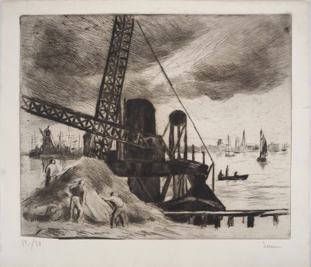 Drypoint Luce - Maximilien LUCE - Grue du port de Rotterdam Vers 1890 -Gravure originale signée